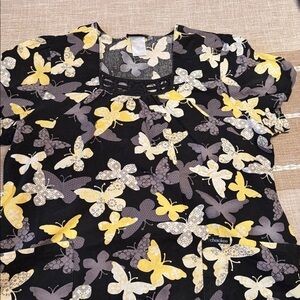 Cherokee Black and Yellow Butterfly Scrub Top